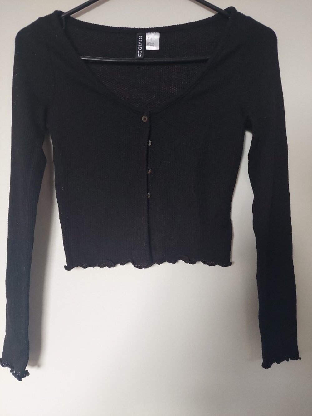 H&M Divided cardigan Women's XS lettuce-edge trim along the hem and cuffs Black